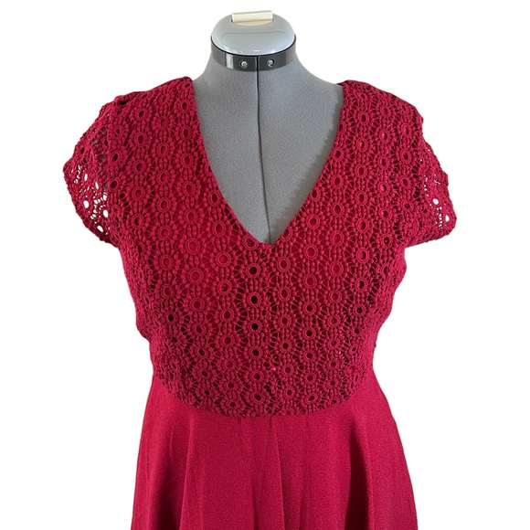 Altrd State Double V Neck Crochet Bodice Flare Skater Sleeveless Dress Maroon L - Picture 2 of 9